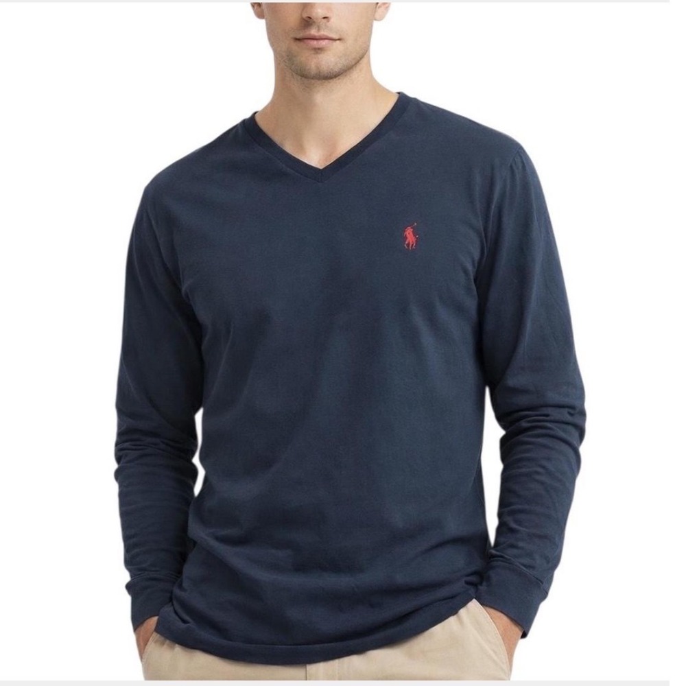 Polo Ralph Lauren Blue V Neck Long Sleeve Tee Shirt‎ Cotton Red Logo Size Large